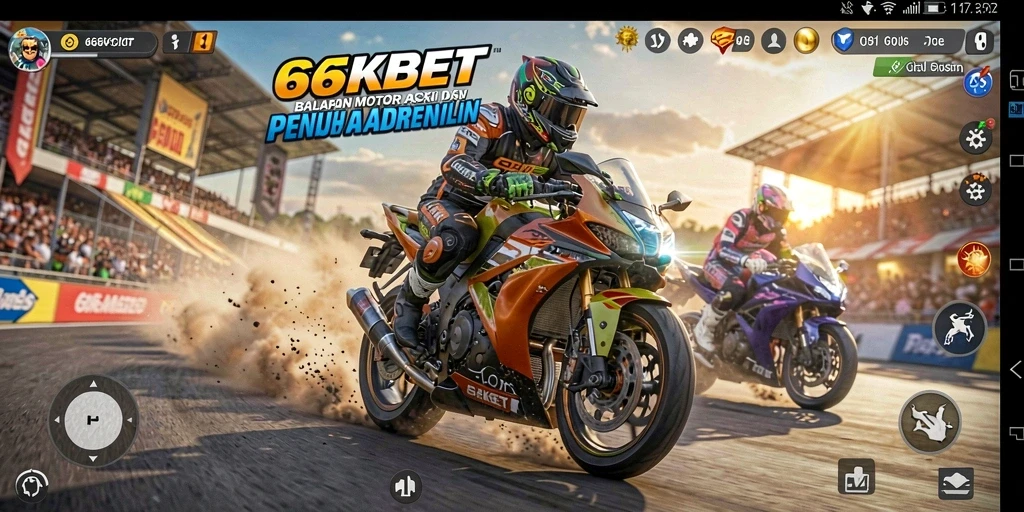 Tampilan gameplay 66KBET dengan balapan motor yang seru.
