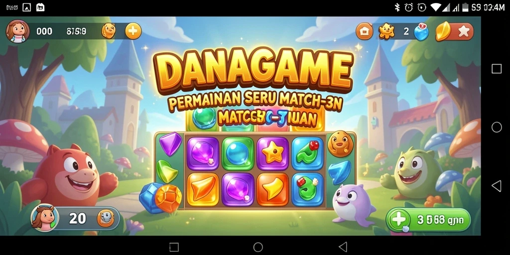 Screenshot utama DANAGAME menampilkan gameplay Match-3 yang seru dan berwarna.