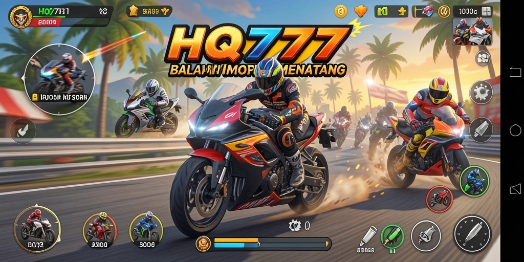 Gameplay seru HQ777 dengan balapan motor yang mendebarkan.