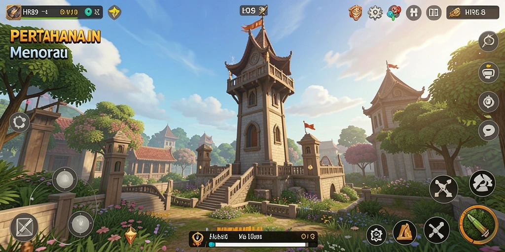 Screenshot gameplay HR89 menampilkan aksi Tower Defense yang intens.