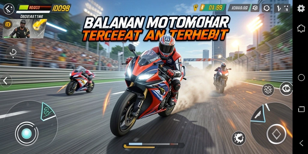 Tampilan gameplay ID098 menampilkan balapan motor yang cepat dan penuh aksi.