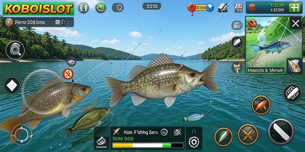 Tampilan seru gameplay KOBOISLOT dengan berbagai jenis ikan dan peralatan memancing.