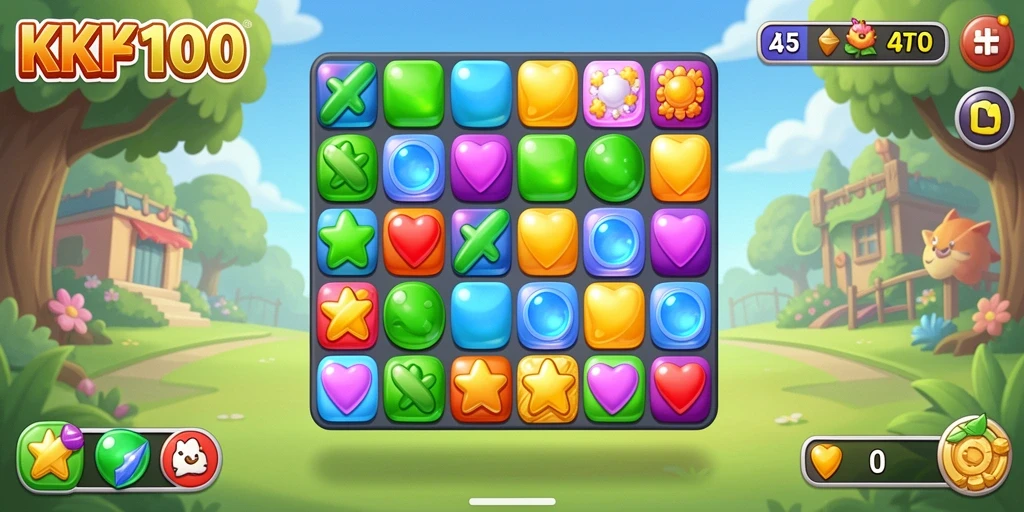 Screenshot KPK100 menampilkan gameplay Match-3 yang penuh warna dan seru.