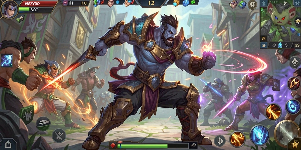 Gameplay NEXGID menampilkan pertempuran tim yang seru dan strategis.