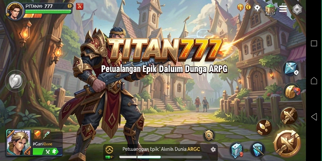Tampilan gameplay TITAN777 yang menampilkan pertarungan epik di dunia fantastis.